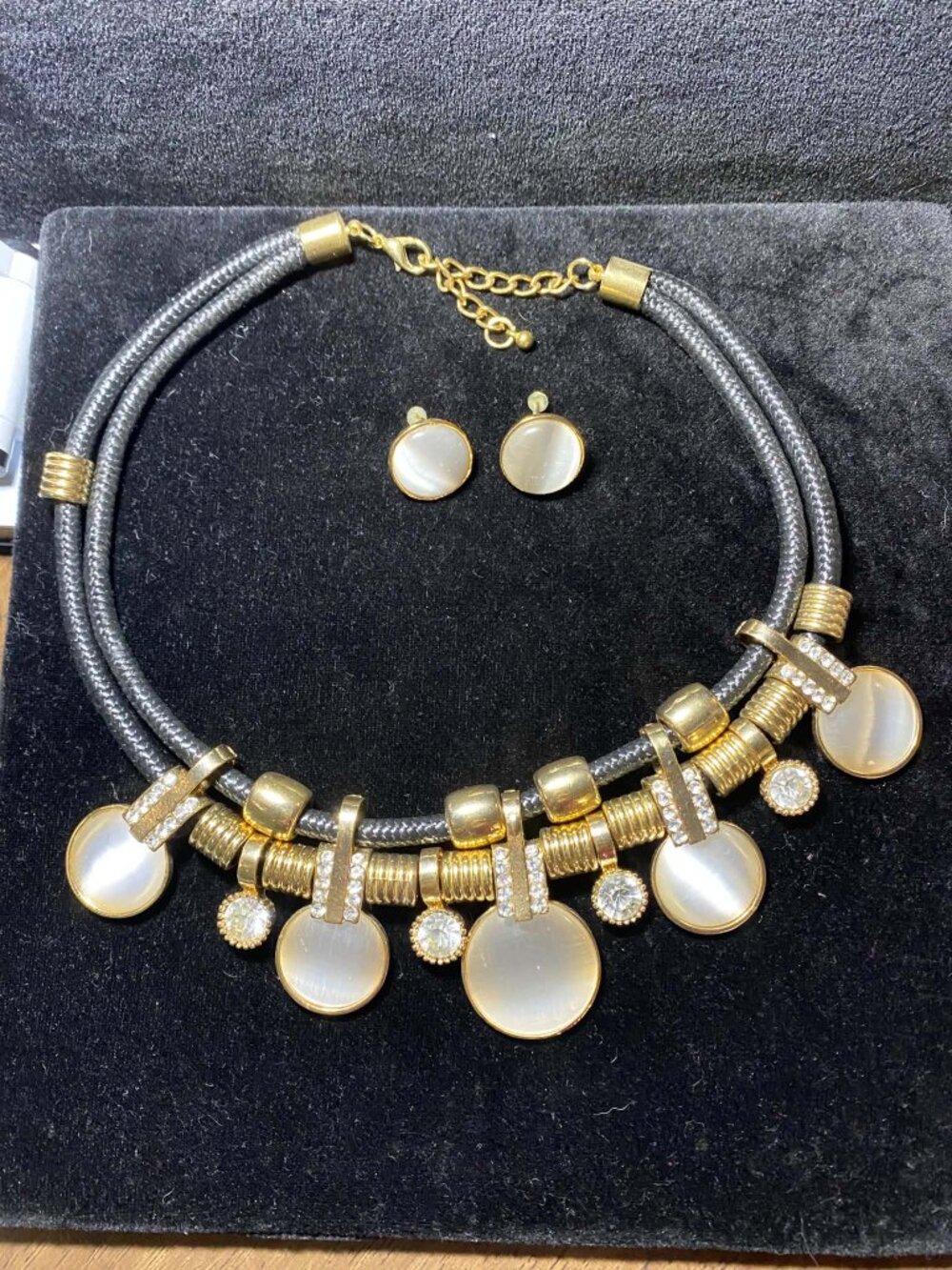 Vintage Statement Neck Multi Black Rope Gold Beads Cats Eye Moonstone Retro Set